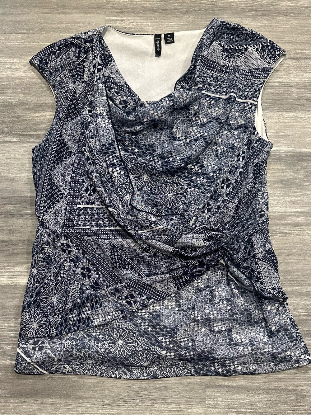 Relativity Navy & White Printed Cowl Neck Sleeveless Top Petite Large